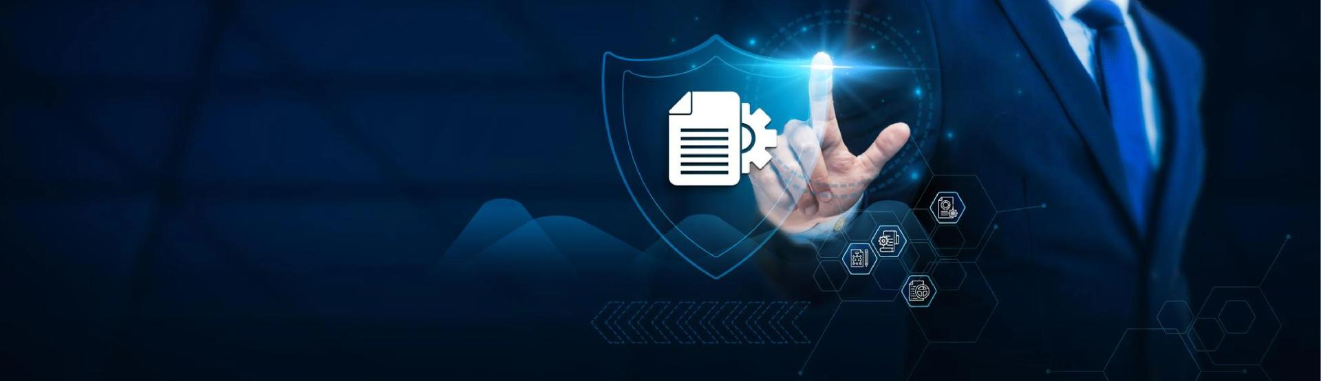 Hand touching a glowing shield with a document icon
